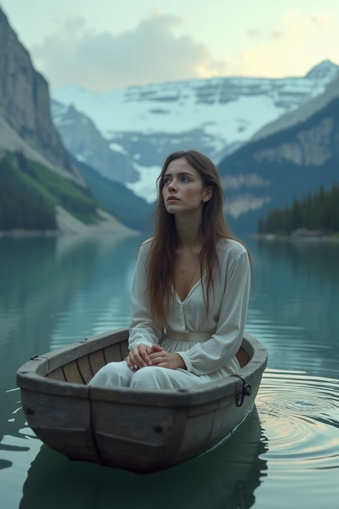 ((best quality)), ((masterpiece)), (detailed), perfect face, woman sitting in a canoe, fishing, in the middle of a mountain lake, snow-capped mountains in the background