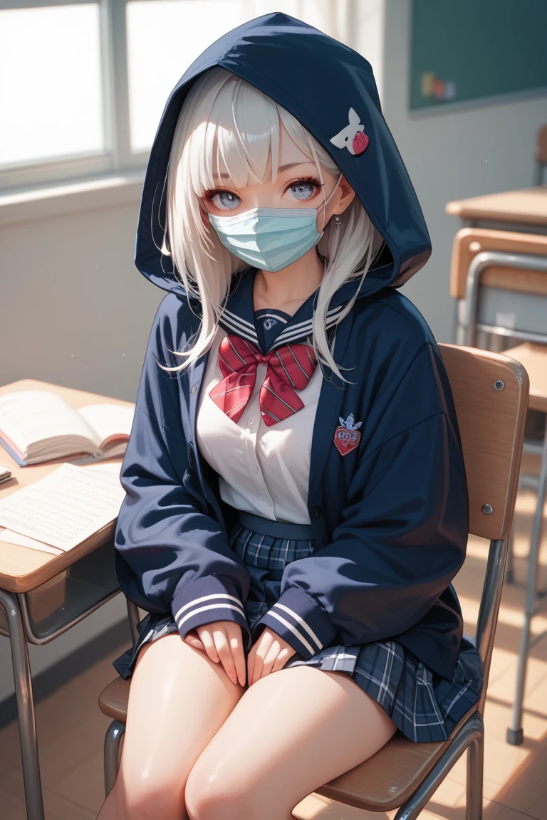 girl, Oversized clothing,  she is wearing a mask and hood , she is thin and fragile ,  sitting on a chair at school