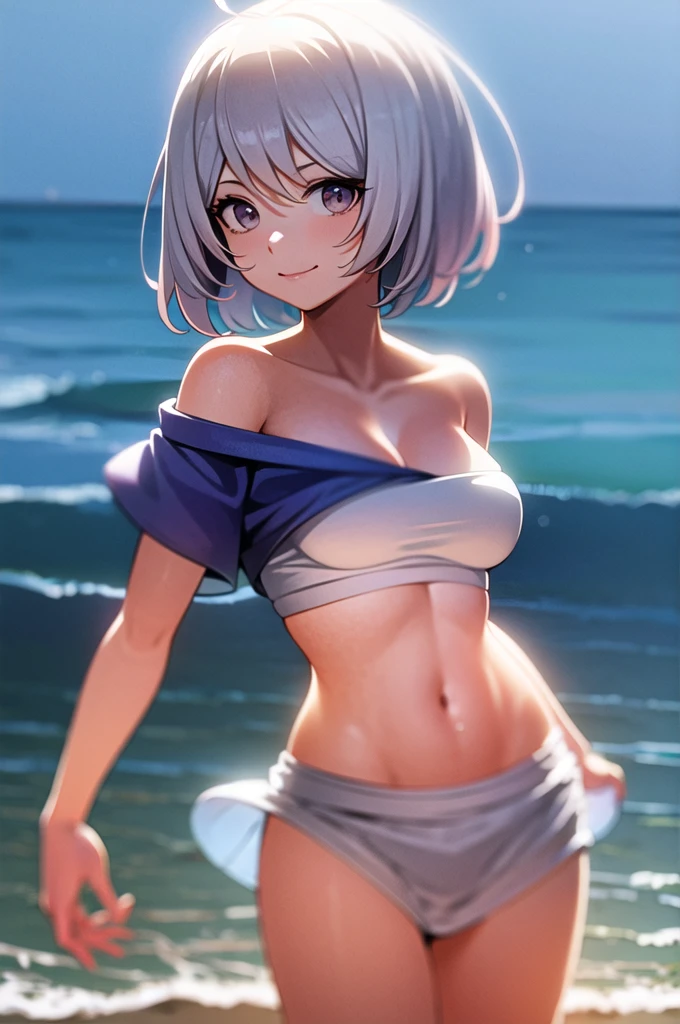 striped micro bikini, short hair with silver hair, young, cute, beautiful girl, gigantic breasts, standing, smiling, best body, wet body, seaside, straight ahead, looking at the viewer, 8K, highly detailed, best quality, best quality, super high resolution, masterpiece, realistic, photoreal,