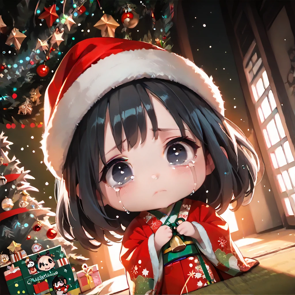 (1 chibi girl, solo:1.3), cute, big droopy eyes, (black eyes:1.1), (black hair:1.1), medium hair,
kimono, sad, crying, hat, christmas tree,
dynamic angle, dynamic lighting, pastel, (masterpiece, best quality, hyper detailed:1.2),