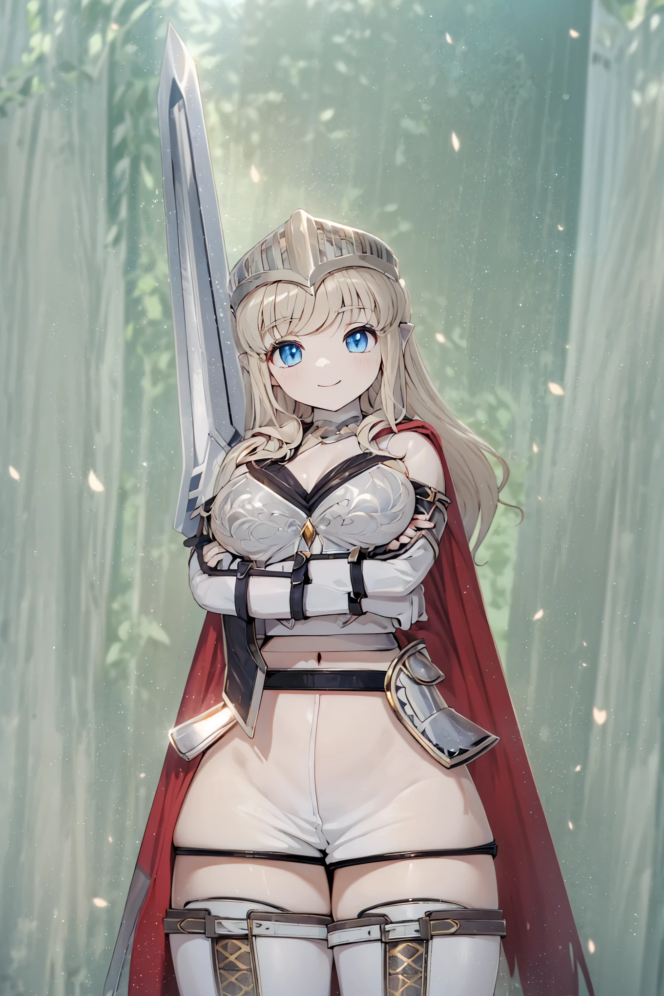 Paladin， silver armor ， silver mask worn on the forehead，Thin waist and wide hips，Big breasts，Big breasts， silver armor ，Red Cape， silver sword ，Holding a big sword ，Black stockings，Black stockings， silver boots ，Outdoor Background，Outdoor Background，Castle Background，Outdoor Background，Confident smile， sunshine， sunshine，illumination，银色 shorts， shorts， shorts，Pants， shorts，银色Breastplate，Small camisole with suspenders ，Breastplate， stand with both hands on chest，Navel，Navel， silver armguards ，blond，blond短发单马尾发型，blond单马尾发型