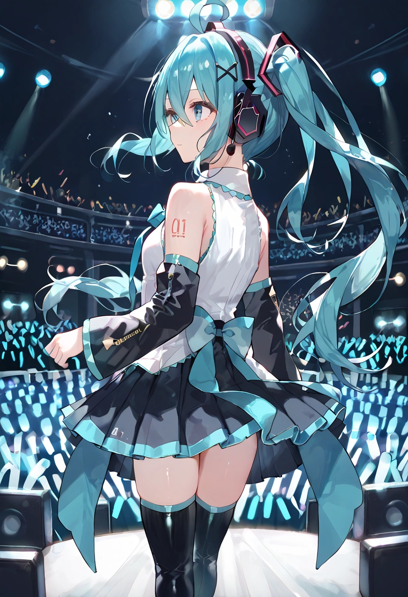 score_9, score_8_up, score_7_up, 1girl, solo, miku hatsune, ahoge, aqua hair, crossed bangs, hair between eyes, hair ornament, headphones, long hair, twintails, standing, black footwear, black skirt, black sleeves, collared shirt, detached sleeves, grey shirt, pleated skirt, shirt, sleeveless shirt, thigh boots, concert, virtual youtuber, idol, from behind, stage, stage light, faceless, performance, audience  