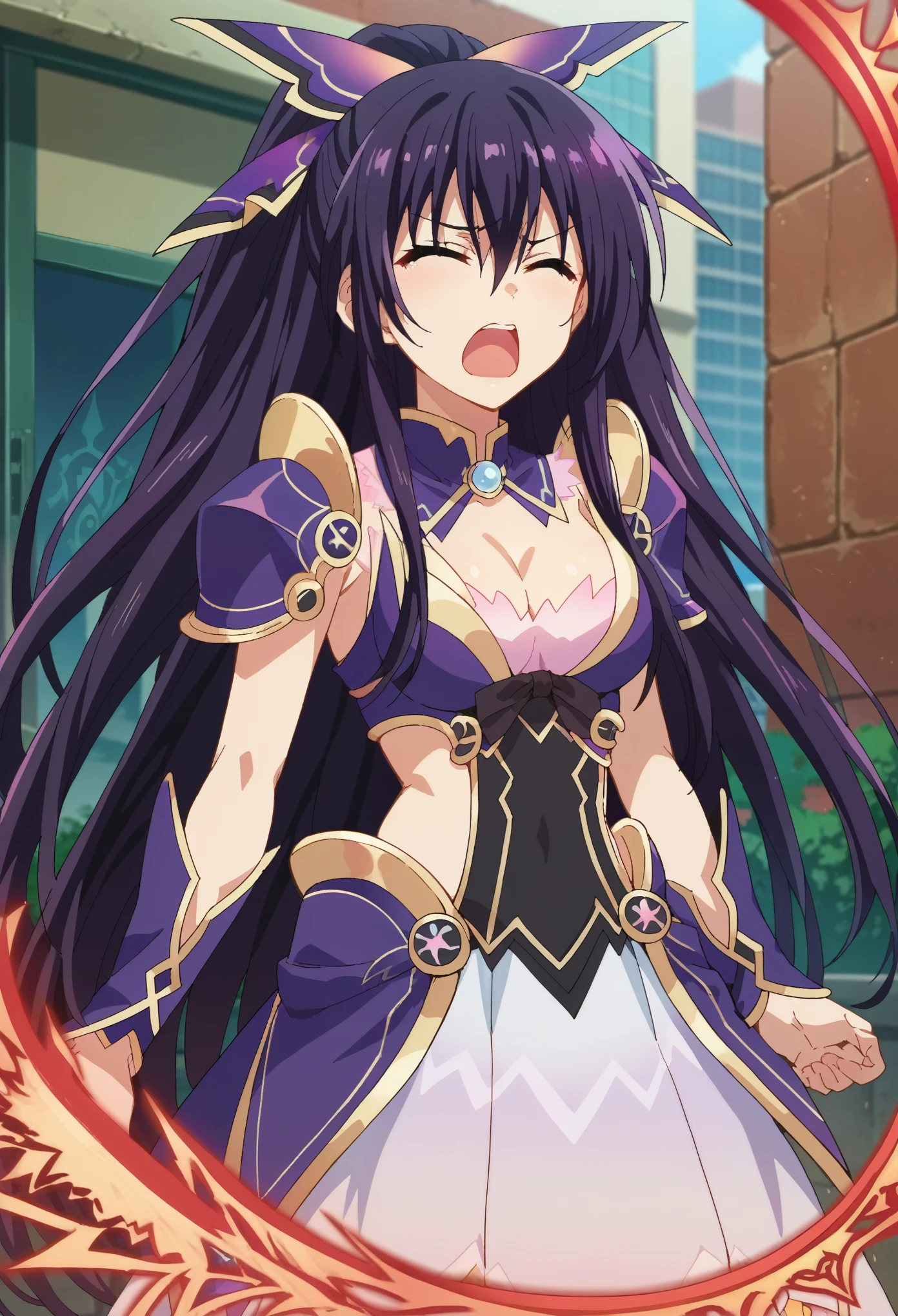 score_9, score_8_up, score_7_up, anime_source, 1girl, solo,tohka yatogami,long hair,armor,ponytail,breasts,cleavage,medium breasts,very long hair,hair between eyes,shoulder armor, screaming, scared, closed eyes, (spell), (spell around body), standing, looking at you, city background,