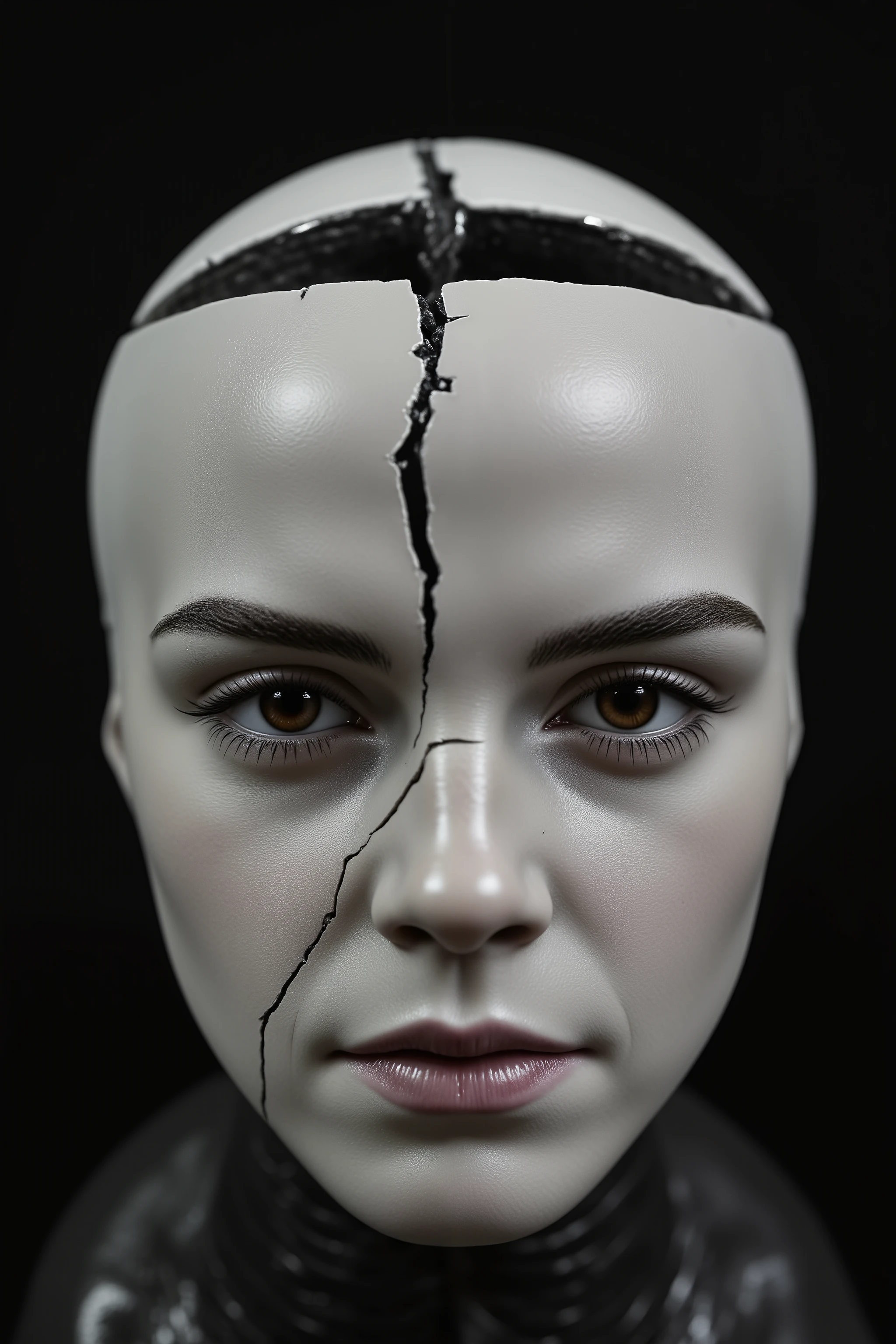 hyperrealistic photo of Emma Watson as lifelike porcelain head. There is one large crack down the center of her face down her nose mouth and chin. Small splinter cracks are coming off of the main crack on top of each eye thru one cheek and to the side of her chin. Her skin shows the porcelain reflection of bright lights. The inside of her head is void and pure black. Her eyes stare hauntingly at the viewer.