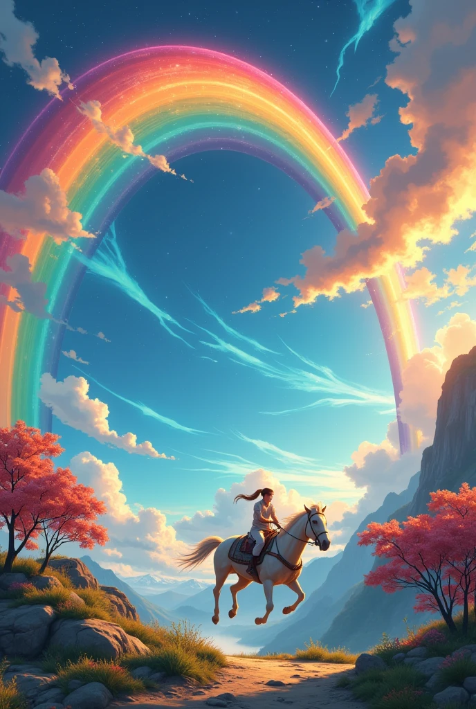 beautiful rainbow arch ,  cart galloping over rainbow arch:1.5,  (((anatomically correct, anatomically correct, high details, UHD, masterpiece, best quality, highres icon, 16k, wallpaper)))