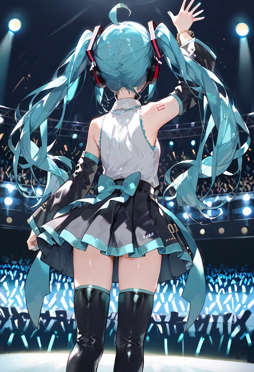 score_9, score_8_up, score_7_up, 1girl, solo, miku hatsune, ahoge, aqua hair, crossed bangs, hair between eyes, hair ornament, headphones, long hair, twintails, standing, black footwear, black skirt, black sleeves, collared shirt, detached sleeves, grey shirt, pleated skirt, shirt, sleeveless shirt, thigh boots, concert, virtual youtuber, idol, from behind, stage, stage light, faceless, performance, audience,arm up