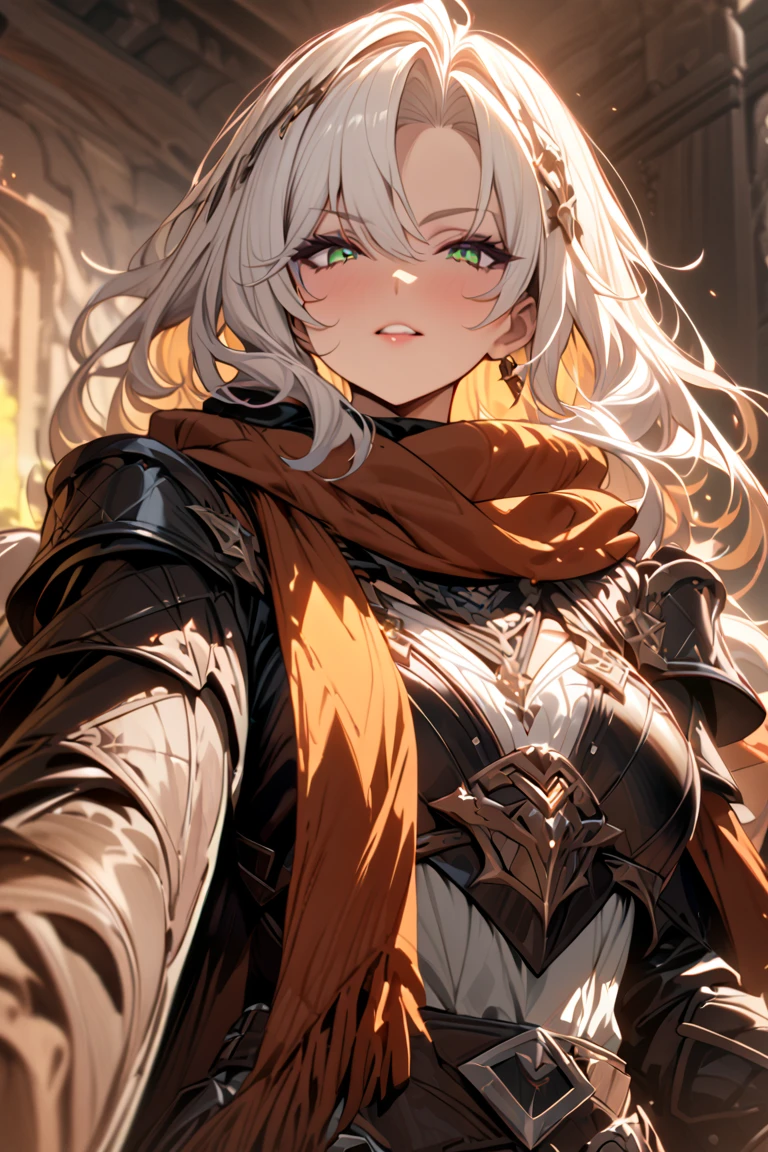 woman,  long white hair, confident, Leather Armor, mantel, scarf, ( masterpiece), ( best quality ), ( ultra detailed )