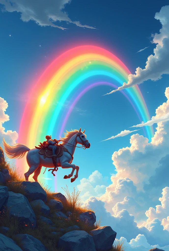 beautiful rainbow arch , A cart galloping over a rainbow arch:1.5,  (((anatomically correct, anatomically correct, high details, UHD, masterpiece, best quality, highres icon, 16k, wallpaper)))