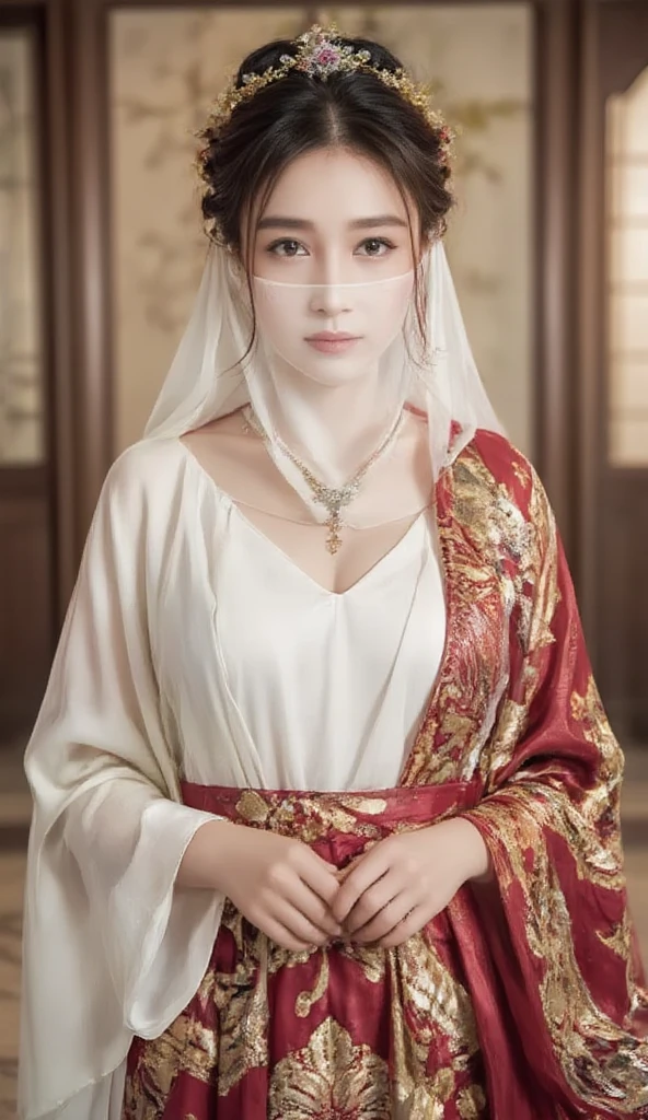 young Asian woman,Chinese woman,Wearing a traditional Chinese wedding dress, full body,veil face chain chain mask girl
