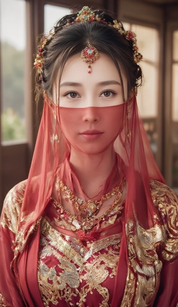 young Asian woman,Chinese woman,Wearing a traditional Chinese wedding dress, full body,veil face chain chain mask girl
