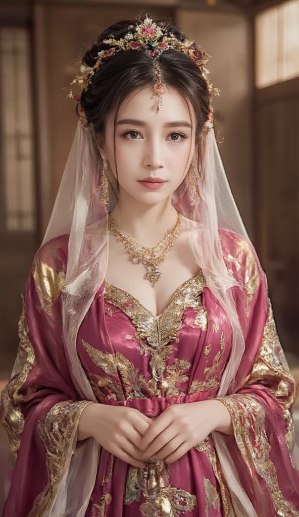 young Asian woman,Chinese woman,Wearing a traditional Chinese wedding dress, full body,veil face chain chain mask girl
