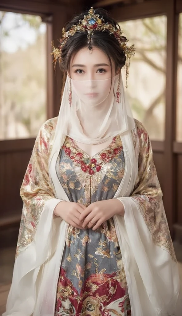 young Asian woman,Chinese woman,Wearing a traditional Chinese wedding dress, full body,veil face chain chain mask girl
