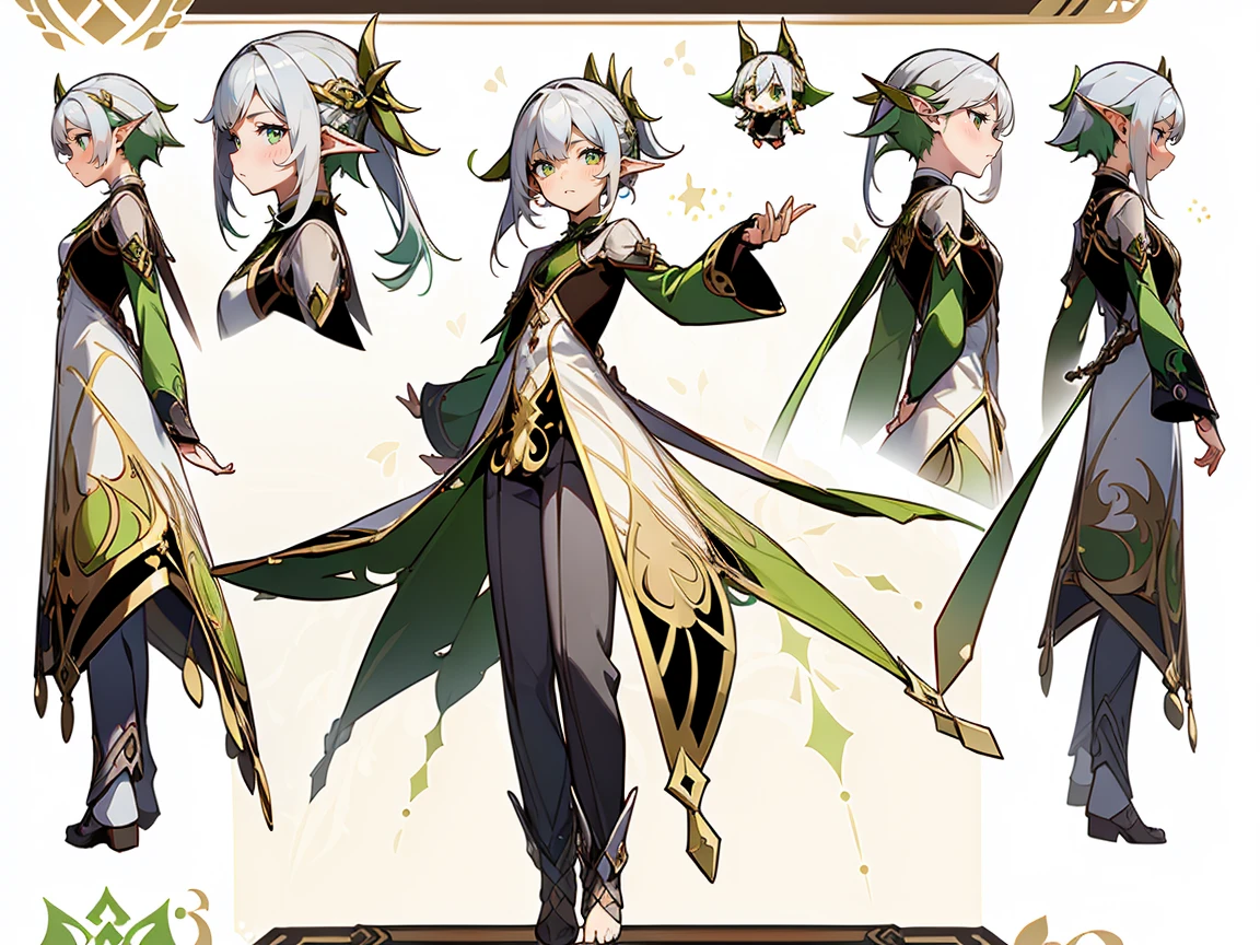 

((masterpiece)),(((best quality))),(character design sheet, same character, ), elven woman, ((side view:0.5)) anime girl, Gesture, character design. ((green eyes)). 1girl, solo, teenager, ((white hair)), ((green eyes)), pants, long sleeves, pointed ears. ((black clothes))
