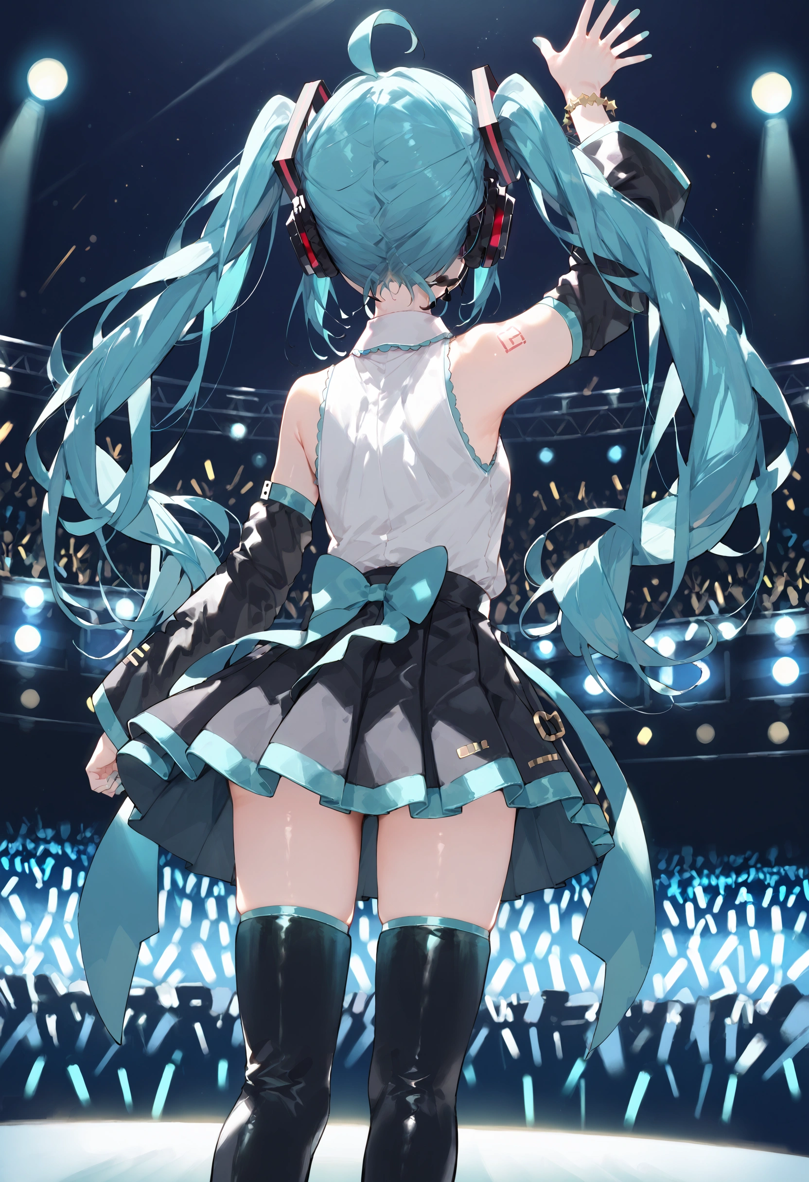 score_9, score_8_up, score_7_up, 1girl, solo, miku hatsune, ahoge, aqua hair, crossed bangs, hair between eyes, hair ornament, headphones, long hair, twintails, standing, black footwear, black skirt, black sleeves, collared shirt, detached sleeves, grey shirt, pleated skirt, shirt, sleeveless shirt, thigh boots, concert, virtual youtuber, idol, from behind, stage, stage light, faceless, performance, audience,arm up