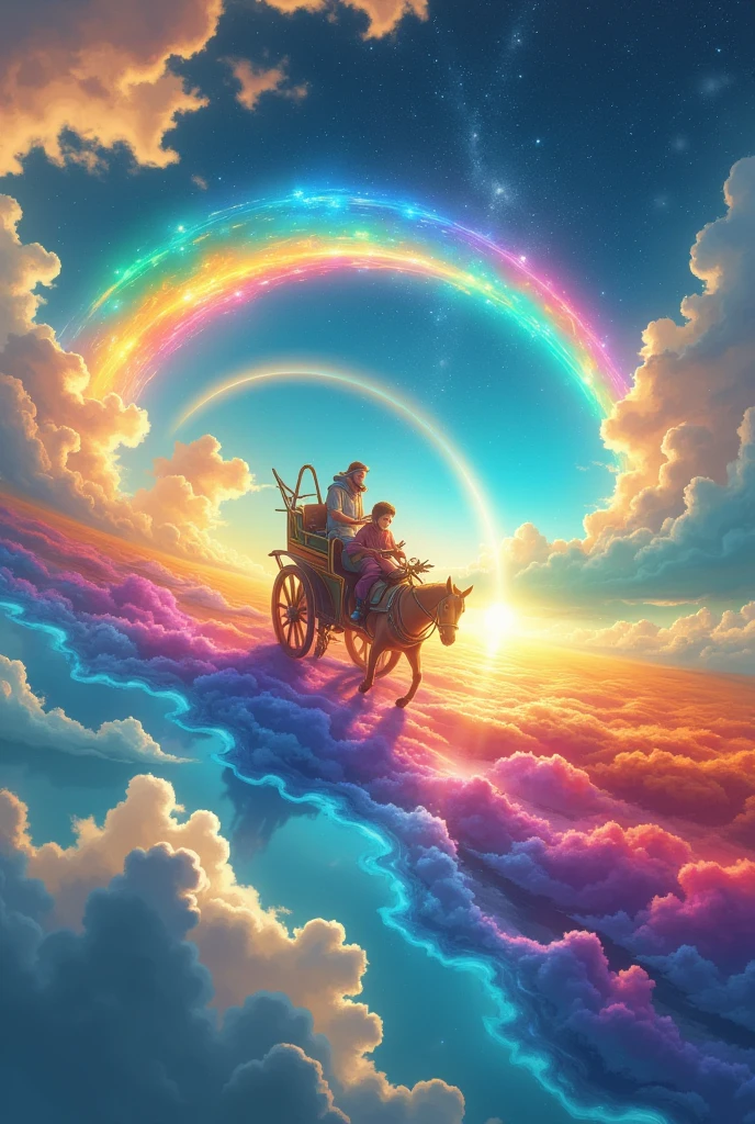 beautiful rainbow arch ,  cart galloping over rainbow arch:1.5,  (((anatomically correct, anatomically correct, high details, UHD, masterpiece, best quality, highres icon, 16k, wallpaper)))