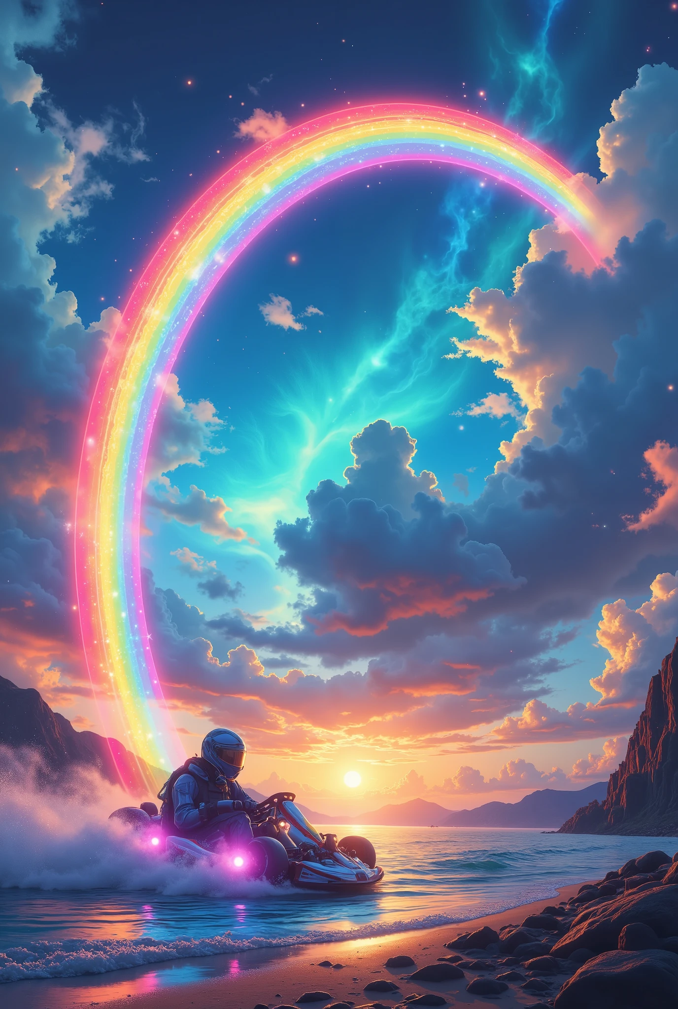 Arch of the Rainbow , Arch of the Rainbow の上を疾走するカート,  (((anatomically correct, anatomically correct, high details, UHD, masterpiece, best quality, highres icon, 16k, wallpaper)))