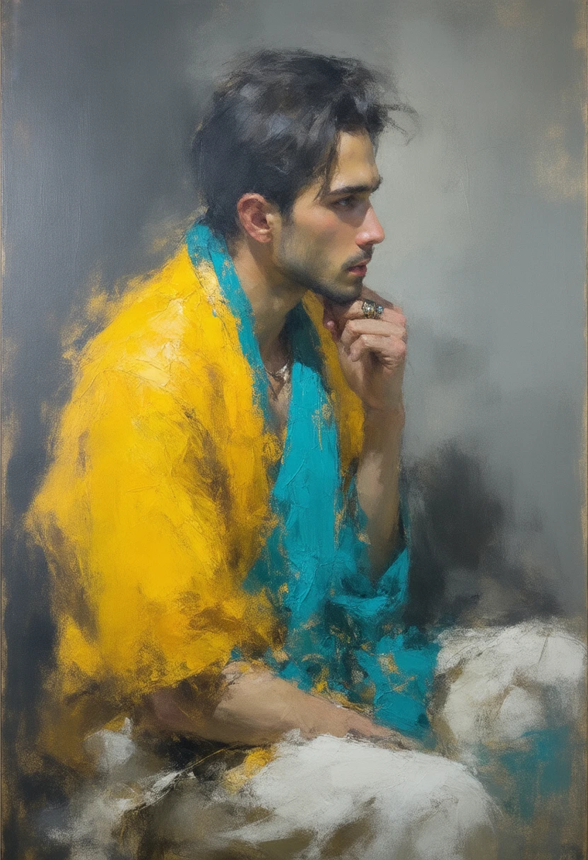 An extremely handsome brown-haired man peaceful expression on face, angular prominent jaw symmetrical features with a paintbrush behind his ear, a smear of paint on his cheek, wearing a cleric outfit. Wearing very nice silk robes 