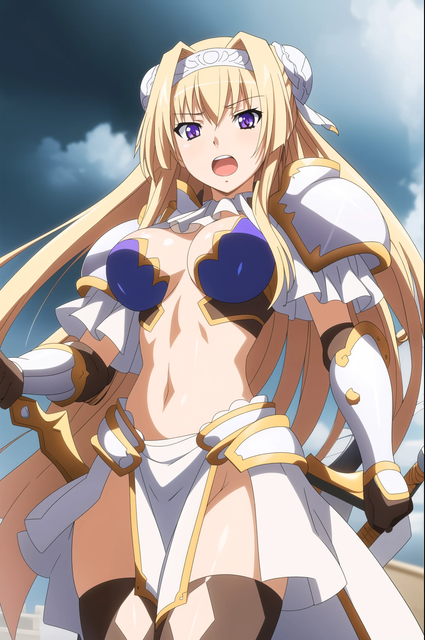 blonde_long_hair, blue_eyes,hairband,Bangs,1 girl, 20yo, Young female, Beautiful Finger, Beautiful long legs, Beautiful body, Beautiful Nose, Beautiful character design, perfect eyes, perfect face, expressive eyes, looking at viewer, armor, blonde hair, double bun, gloves, hair bun, long hair, open mouth, pantyshot, purple eyes, sword, weapon
