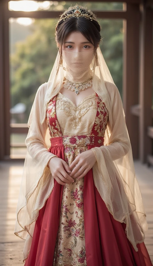 young Asian woman,Chinese woman,Wearing a traditional Chinese wedding dress, full body,veil face chain chain mask girl
