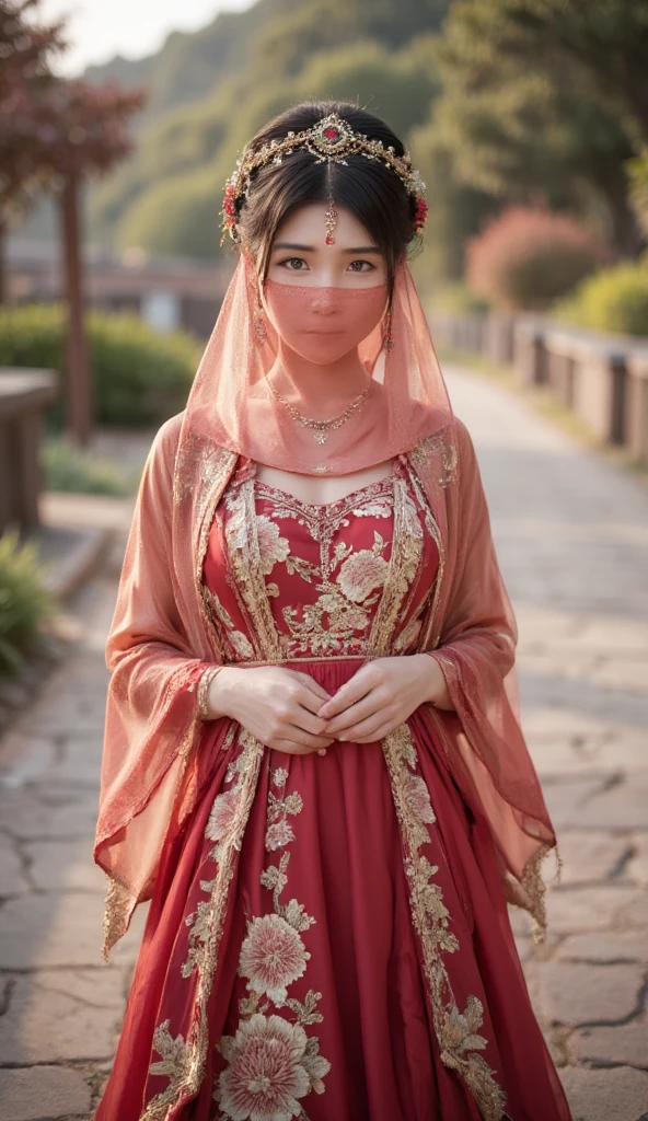 young Asian woman,Chinese woman,Wearing a traditional Chinese wedding dress, full body,veil face chain chain mask girl
