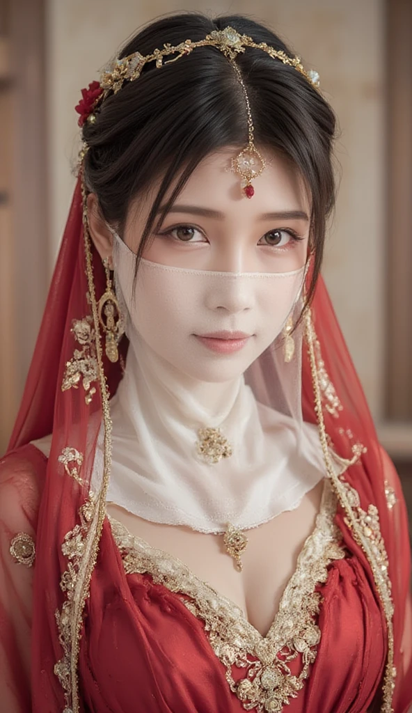 young Asian woman,Chinese woman,Wearing a traditional Chinese wedding dress, full body,veil face chain chain mask girl
