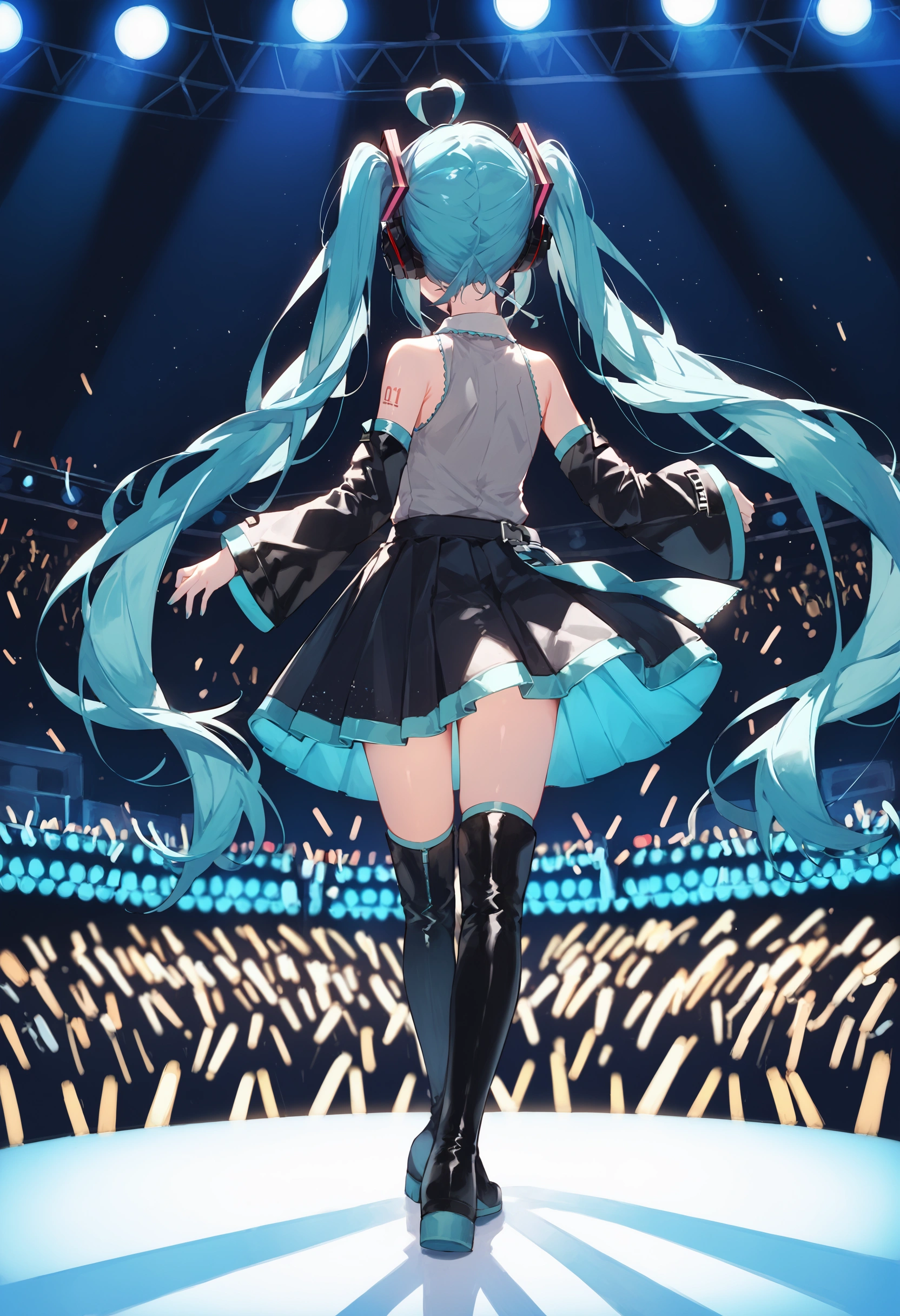 score_9, score_8_up, score_7_up, 1girl, solo, miku hatsune, ahoge, aqua hair, crossed bangs, hair between eyes, hair ornament, headphones, long hair, twintails, standing, black footwear, black skirt, black sleeves, collared shirt, detached sleeves, grey shirt, pleated skirt, shirt, sleeveless shirt, thigh boots, concert, virtual youtuber, idol, from behind, stage, stage light, faceless, performance, audience  