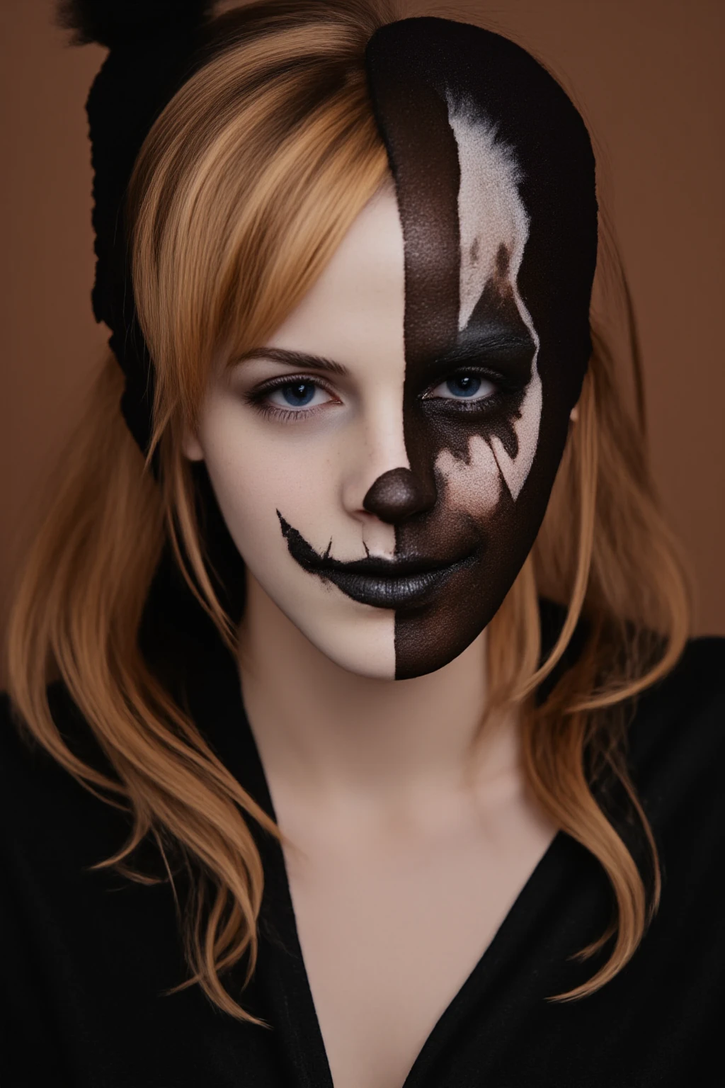 This is a highly detailed, realistic digital painting depicting a beautiful goth Emma Watson, half human, sinister clown. Her left side is beautiful and graceful, she has golden auburn hair and hazel brown eyes, everything looks human on her left side with a touch of gothic makeup. On the right side, her clown sinister face shows, with black tears. Her sinister clown side smiles maniacally, while her human side radiates a charming smile