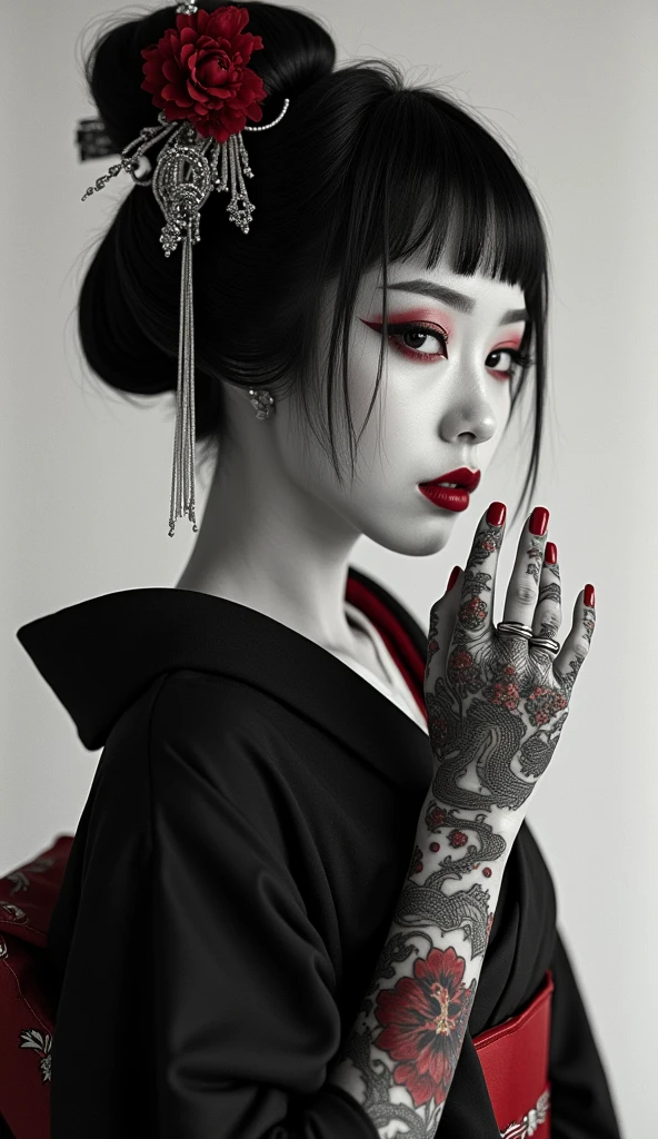 dark broody traditional japanese emo female geisha drooling black ink skinhead, hairgoth, emo goth spikey fashion shoot editorial style, Hypebeast ultra fast fashion gang signs with goth emo accessories