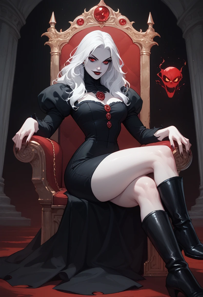   Excellence HD 8K Classical Art Comics ,Handsome Vampire ,beautiful woman,pale skin, horror classic  ,  Wear a short transparent black dress  , shows thick thighs ,    sitting on the throne, black boots   ,  red eyes , long white hair,legs, epic 