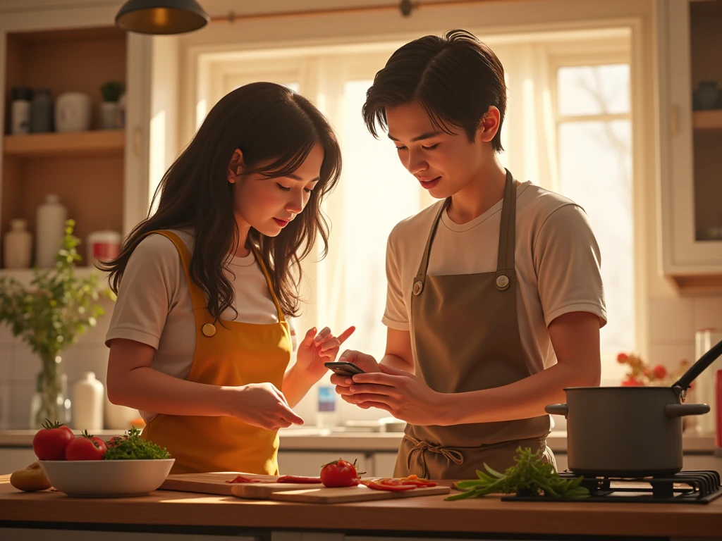 best qualtiy、masterpiece、fidelity:1.3、超A high resolution、(Photorealsitic:1.4)、Man and woman hugging each other in the kitchen(The woman is tall:1.5、Man is a boy)、1 Most Beautiful Mature Woman in Japan(Obscene big breasts:1.4、Wearing an apron、Bob Hair)、1 boy with a cute face(shortsleeves)The ultra -The high-definition