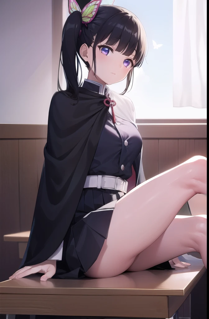 masterpiece, Highest quality, High resolution,Full body Kanao Def, One girl, alone, Purple eyes, Black Hair, Long Hair, blunt bangs, bangs, hair ornaments, bug, butterfly, Side Ponytail, butterfly hair ornaments,
Jacket, black Jacket,Cape, white Cape, Demon Slayer uniform, Kimetsu no Yaiba,
naked,Small breasts,Small nipples,White panties,Sitting
