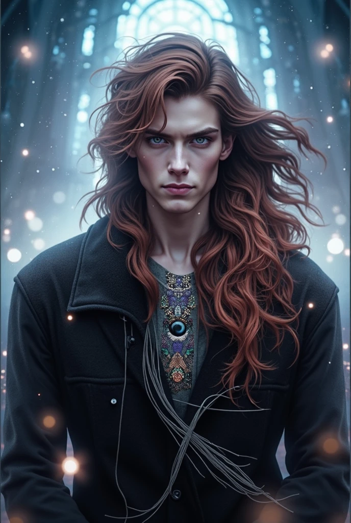 Na clareira de uma densa floresta, um garoto adolescente se destaca. He is a red-haired boy of extreme beauty, with pale skin and piercing red eyes. A cruel smile is plastered on his face, revelando dentes afiados de vampiro. His mouth is stained with fresh blood, a proof of his bloodthirsty habits.
The atmosphere of the scene is intensified by the starry sky, em uma noite de lua cheia vermelha. The predominant shades in the image are blue, roxo e preto, com detalhes pontuais em vermelho, further accentuating the sense of mystery and horror.
The focus of the painting is the vampire boy, whose image is presented in extremely high resolution, achieving the incredible quality of 8K. Cada detalhe do seu rosto, Hair and eyes is captured with stunning precision and realism. The painting is so detailed that it is possible to notice the texture of the pale skin and the subtle expressions in the mesmerizing red eyes.
The composition cuts the image at the vampire's waist, permitindo que o espectador aprecie seu corpo magro, but with well-defined muscles. He's wearing a torn white shirt, adding a touch of decadence to its appearance.
His artwork is a hyperrealistic digital painting, que exibe sua habilidade em criar uma atmosfera sombria e perturbadora. The combination of precise technique, Dramatic colors and high resolution creates an immersive and impactful visual experience. --auto