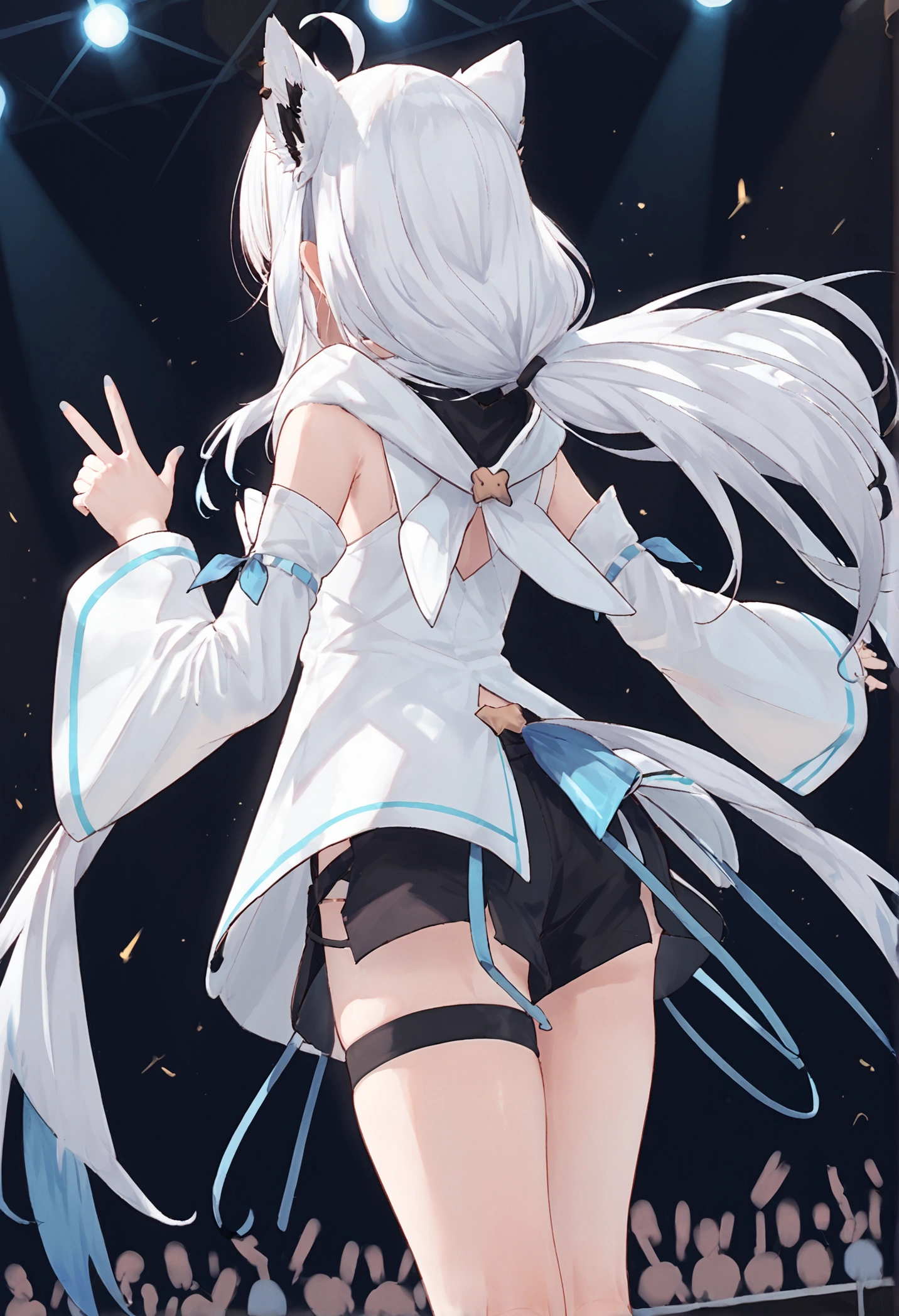 score_9, score_8_up, score_7_up, 1girl, solo, fubuki_nml,white hair,ahoge,detached sleeves,hoodie,long hair,white hoodie,fox tail,thighhighs,single thighhigh,thigh strap,black shorts, concert, virtual youtuber, idol, from behind, stage, stage light, faceless, performance, audience  