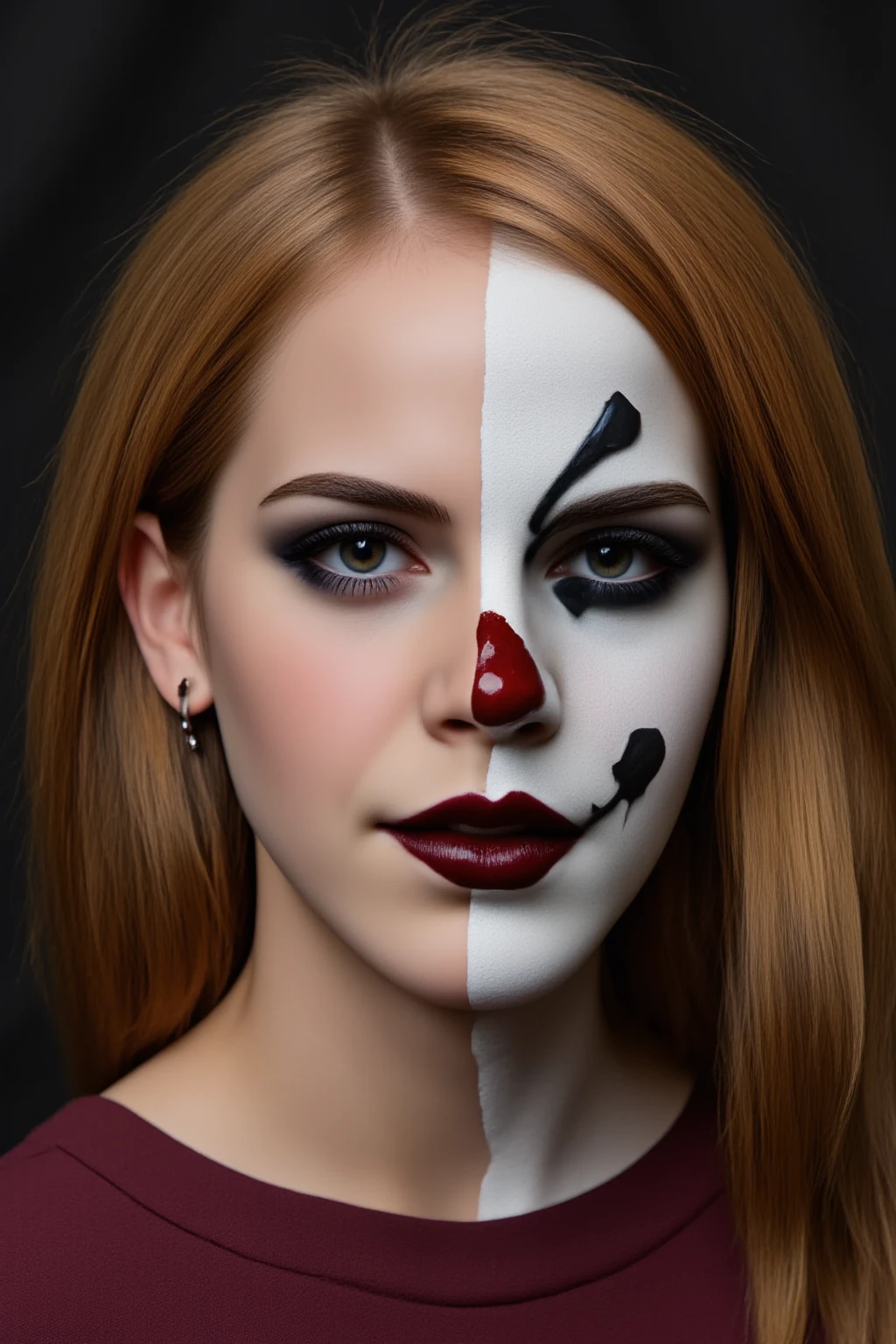 This is a highly detailed, realistic portrait depicting a beautiful goth Emma Watson, half human, sinister clown. Her left side is beautiful and graceful, she has golden auburn hair and hazel brown eyes, everything looks human on her left side with a touch of gothic makeup. On the right side, her clown sinister face shows, with black tears. Her sinister clown side smiles maniacally, while her human side radiates a charming smile