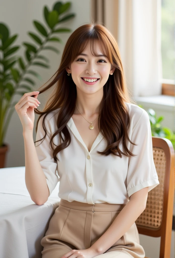 Close-up,fein-art-Portrait of an east-asian woman, wearing  a white Blause, and long beige skirt, she has wavy long hair with bangs, sitting at the table and smiling friendly, running her hand through her hair. Home, table , Chair. In Background, home interior. Through the window, Sunlight , morning, the atmosphere is fresh and clean in the light of morning .