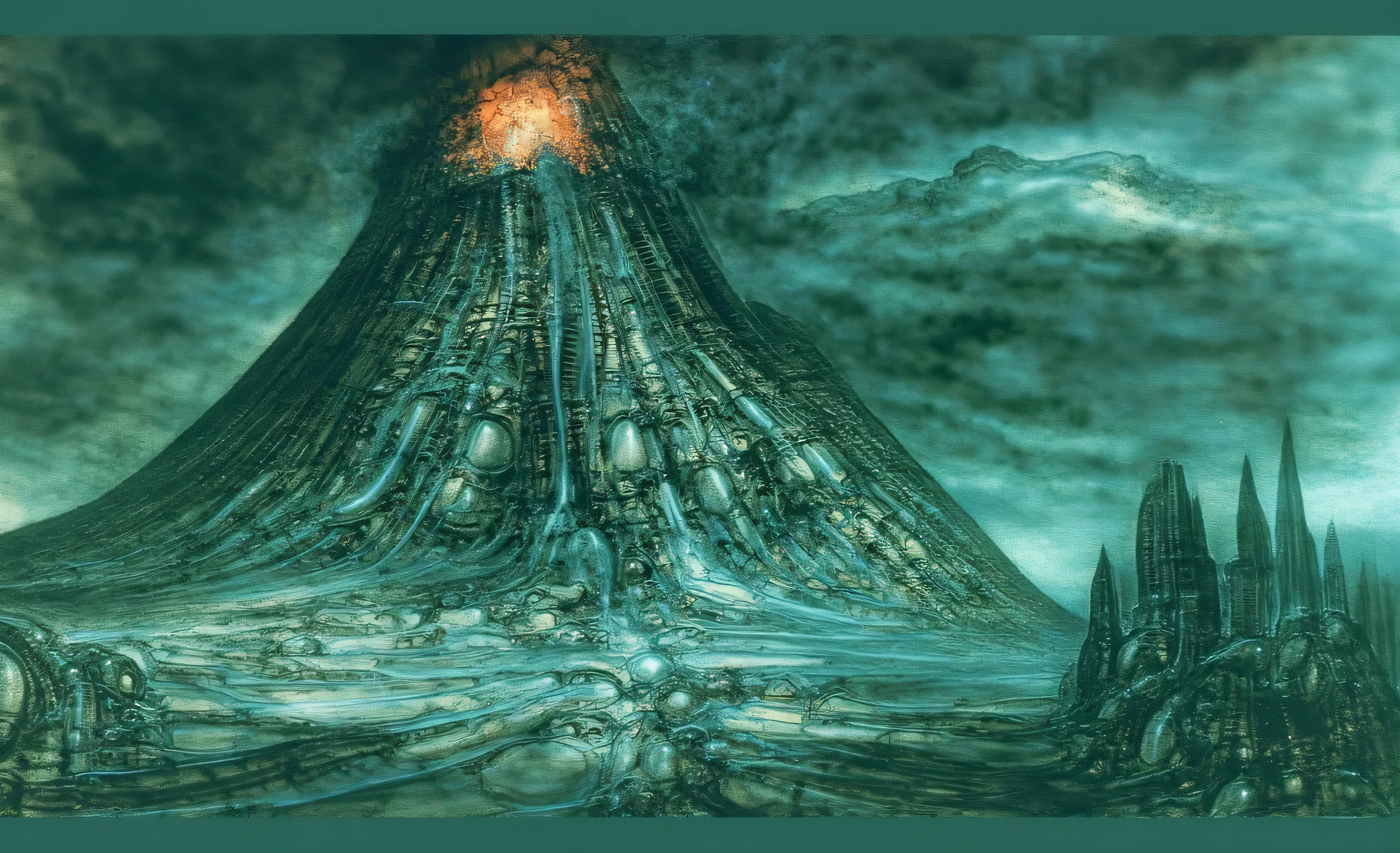 Create a dramatic and surreal landscape dominated by a towering volcanic mountain. The mountain's peak is engulfed in fiery lava, and dark, ominous clouds billow from its summit. The sides of the mountain are intricately carved with numerous tentacle-like structures, giving it an otherworldly appearance. In the foreground, there's a barren, rocky terrain with jagged spikes and formations. A distant horizon reveals a serene sky with a crescent moon and a few scattered stars. Style should be unmaskabke Gigeresqe, make an airbrush painting in style of h. r. giger , ( futuristic city).(Proportion:1.1), , (Reflected light:1.2), , ultra detailed, intricate,, (best quality:1.4), H.R. GIGER, BY giger
