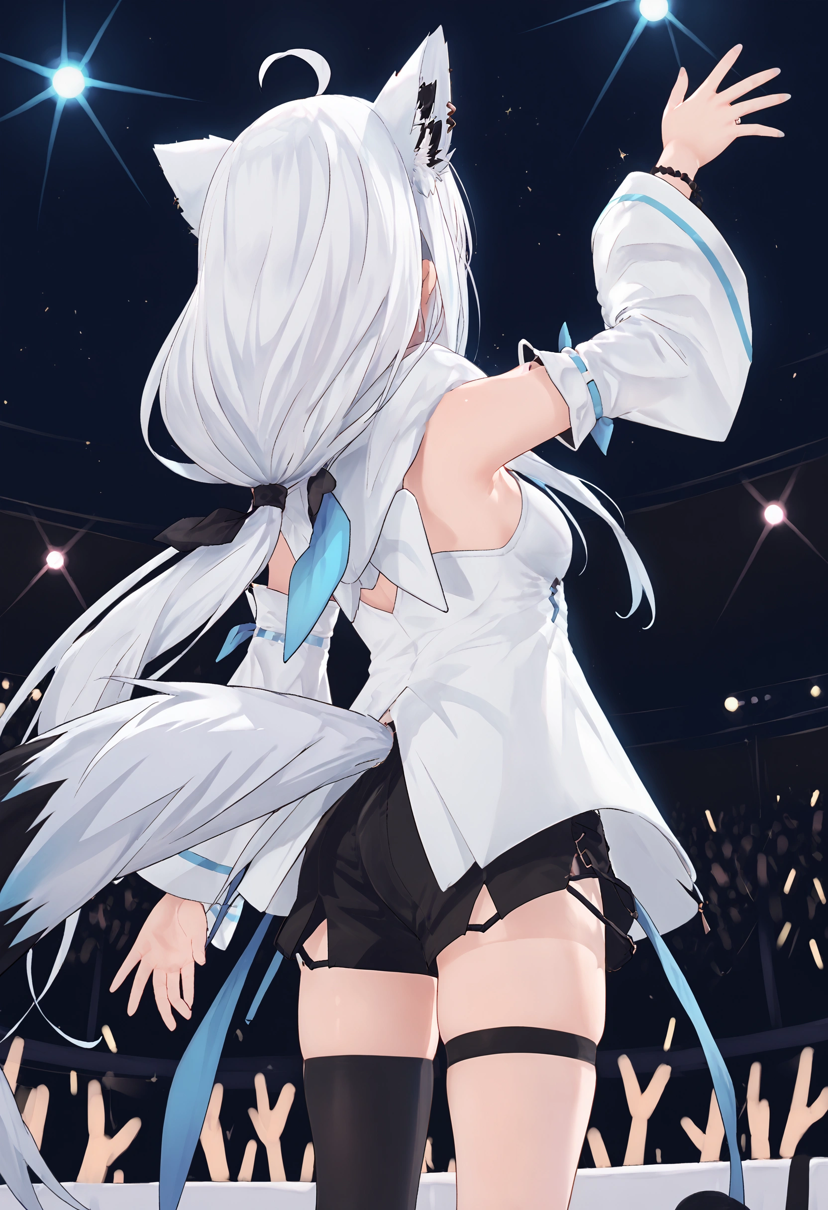 score_9, score_8_up, score_7_up, 1girl, solo, fubuki_nml,(fox tail),white hair,ahoge,detached sleeves,hoodie,long hair,white hoodie,thighhighs,single thighhigh,thigh strap,black shorts, concert, virtual youtuber, idol, from behind, stage, stage light, faceless, performance, audience,arm up