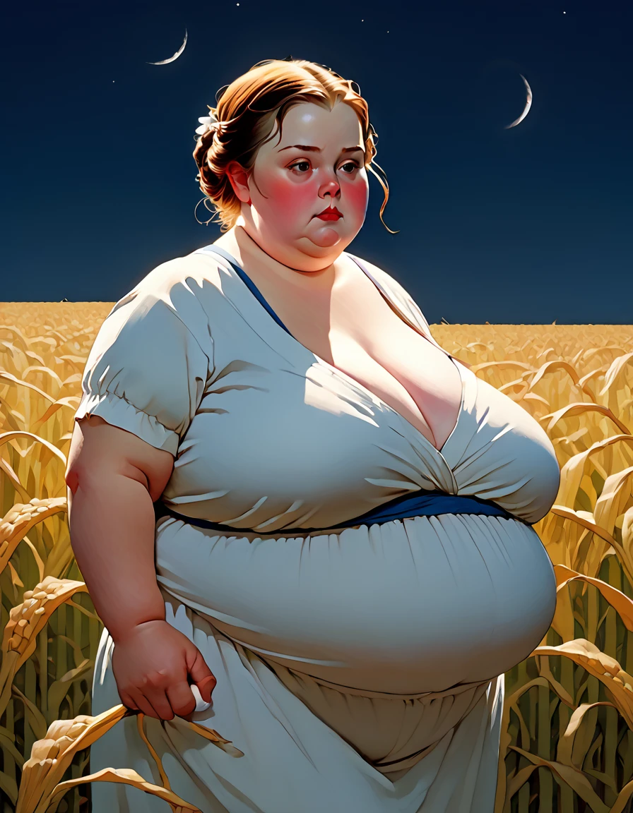 score_9, score_8_up, score_7_up, source_anime,1woman, large and chubby, sideboob  ,, , , skindentation , lize1st, , , (waddling in a dark cornfield:1.1), dark sky, volumetric and specular lighting, ((large sagging chest)) ((art by norman rockwell))  
((Safe for work)) ((dynamic angle)) () ((realistic anime)), ()