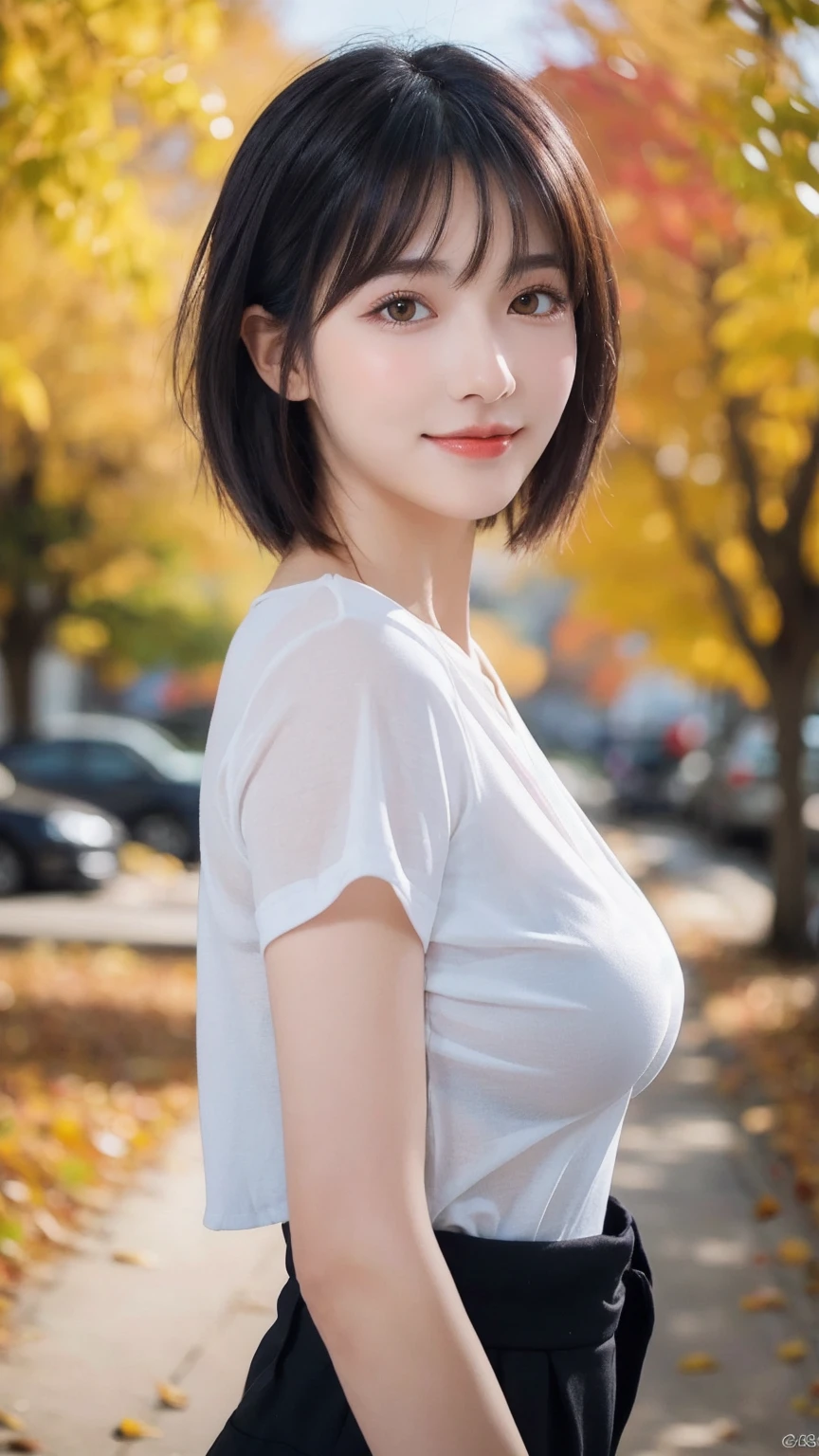 19yo [South Korea] woman wearing T-shirt with sides cut, showing sideboob, side-on, (from the side:1.2), (Huge Breasts:1.3), brown hair, natural lighting, in glasshouse with plants
