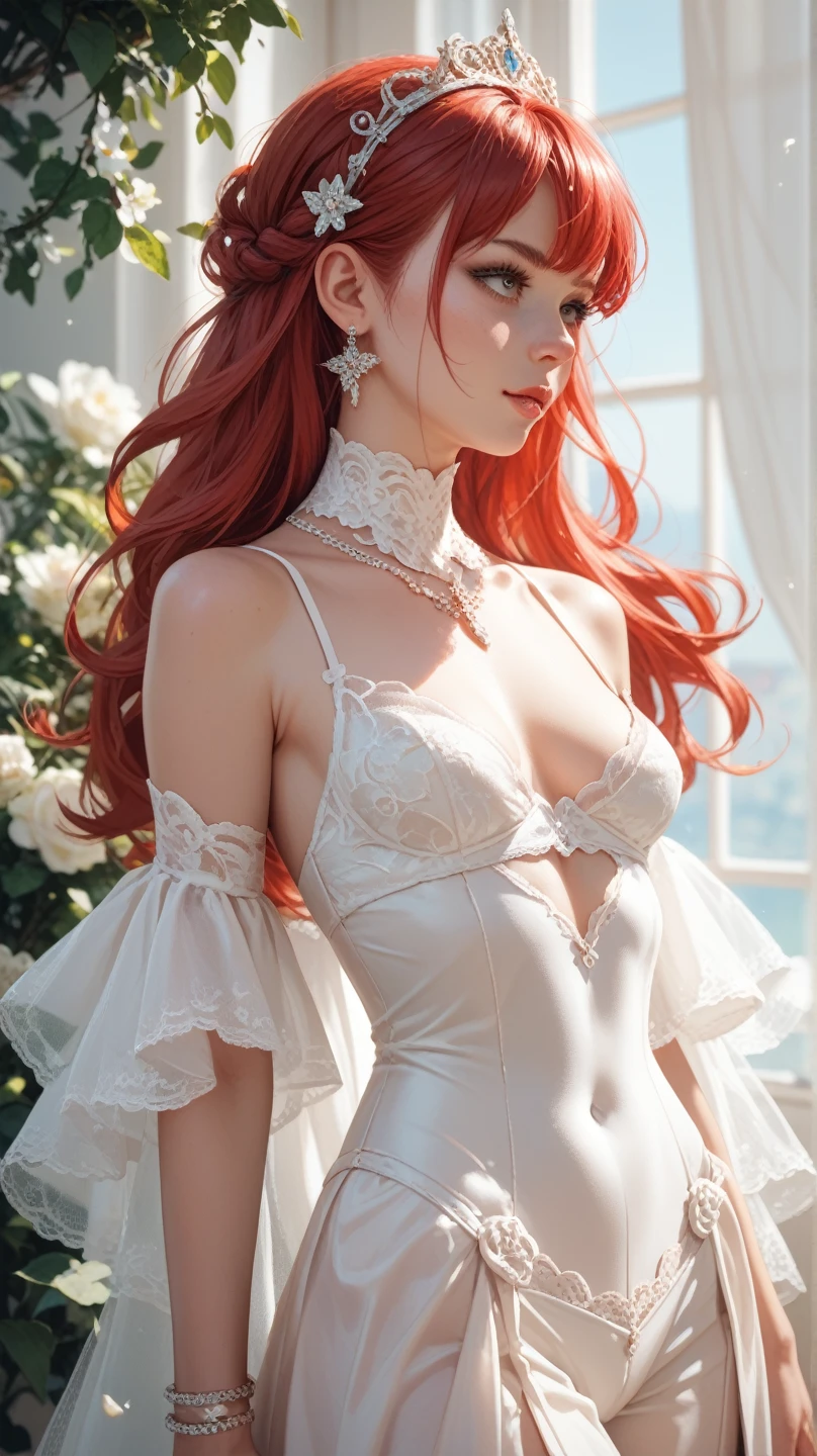 Ghost, woman, floating, transparent body, long beautiful flowing dress, NSFW, vibrant red hair