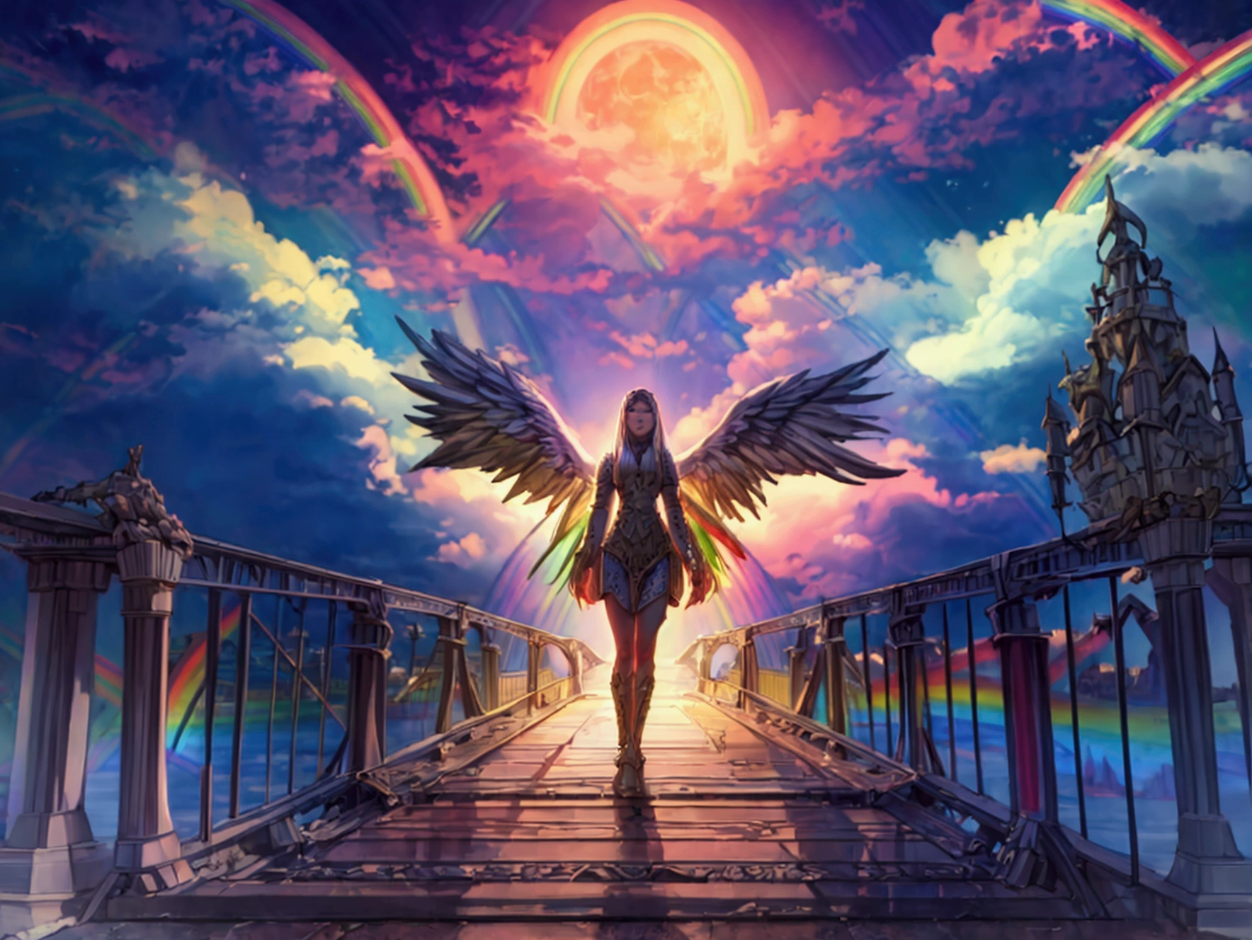 comic art, there is an female angel warrior standing in heaven, there is a (bridge made from rainbow: 1.3) going from heaven to another cloud, it is night time, moon, stars,  highly detailed, photorealistic, best quality, highres,16k, (ultra detailed:1.3), masterpiece, best quality, (extremely detailed), ultra wide shot, photorealistic, RAW, fantasy art, dnd art, fantasy art, realistic art,((best quality)), ((masterpiece)), (detailed: 1.5)