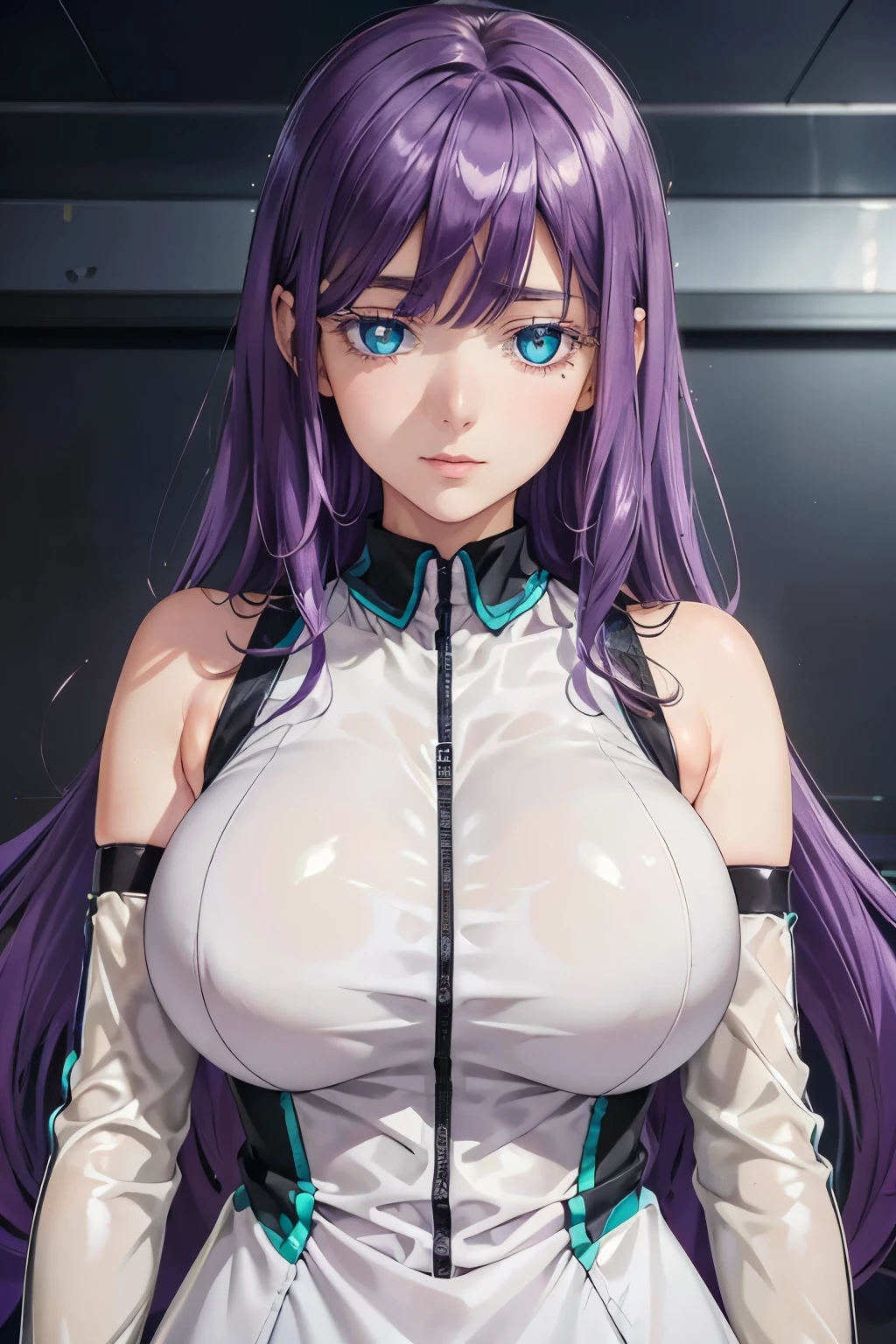 (portrait), (only top of the character), ((hopital hall)), (large breast), ((glossy clothes)), (finely detailed eyes and detailed face:1.3), (extremely fine and beautiful:1.1), (Perfect details:1.1), Mira Suou, purple hair, blue eyes, white eyelashes, dress, detached sleeves,