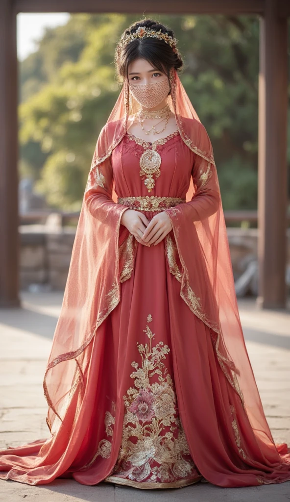 young Asian woman,Chinese woman,Wearing a traditional Chinese wedding dress, full body,veil face chain chain mask girl
