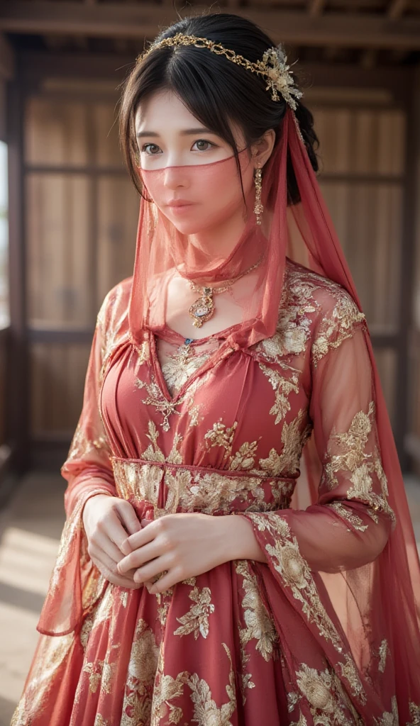 young Asian woman,Chinese woman,Wearing a traditional Chinese wedding dress, full body,veil face chain chain mask girl
