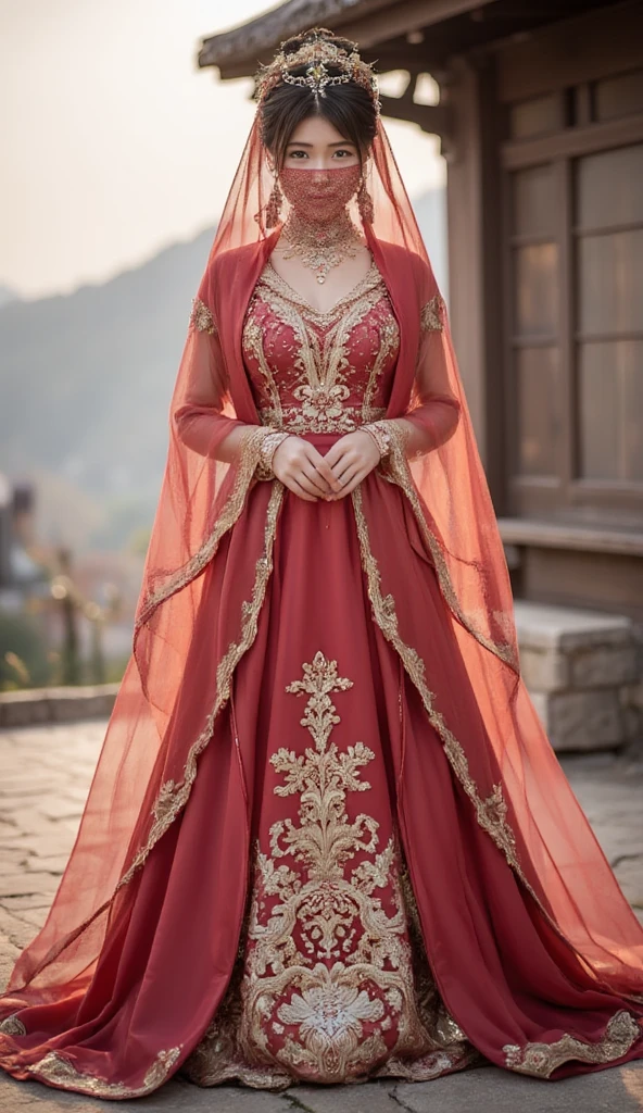 young Asian woman,Chinese woman,Wearing a traditional Chinese wedding dress, full body,veil face chain chain mask girl
