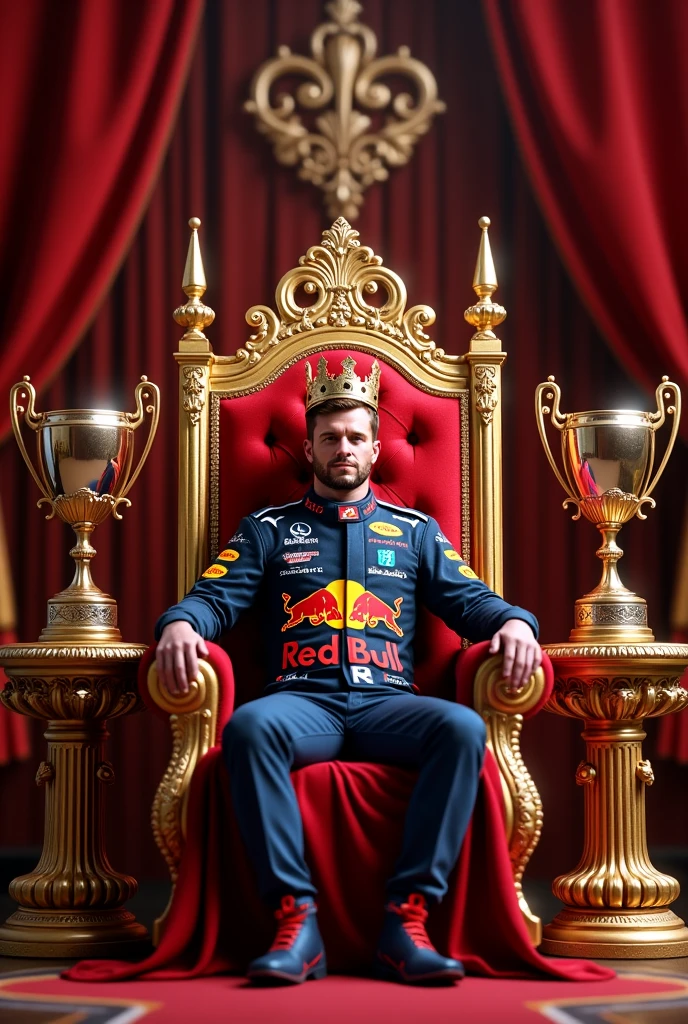 Formula 1 driver sitting on a purple royal throne, sem capacete, usando uma coroa, roupas brancas, imagem ultrarrealista, Front view, wide angle