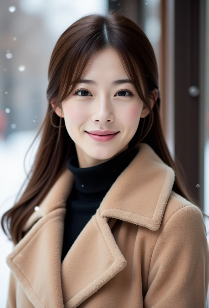 cinematic photo of an asian woman, wearing a elegant beige coat ,black mink scharf,  smile, snow, 35mm photograph, film, bokeh, professional, 4k, highly detailed, the Photo coveys her elaborate atmosphere and Elegance. Cute and kindness.