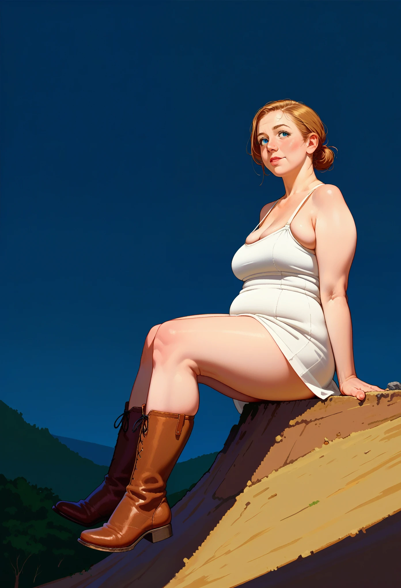 score_9, score_8_up, score_7_up, source_anime,1girl, side view, , , , skindentation , lize1st, , , (sitting on a cliff:1.1), dark sky, on a farm, volumetric and specular lighting, ((large sagging chest)) ((art by norman rockwell))  
((Safe for work)) ((dynamic angle)) () ((realistic anime)), (rule of thirds), detailed anatomy, (skindentation), chubby, wearing a sundress and boots