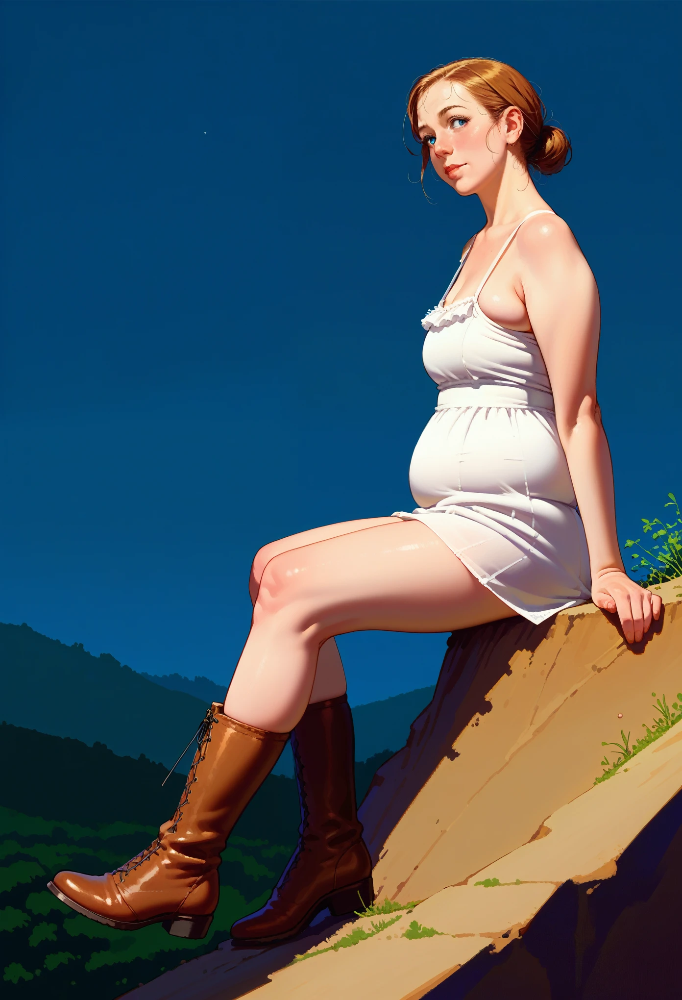 score_9, score_8_up, score_7_up, source_anime,1girl, side view, , , , skindentation , lize1st, , , (sitting on a cliff:1.1), dark sky, on a farm, volumetric and specular lighting, ((large sagging chest)) ((art by norman rockwell))  
((Safe for work)) ((dynamic angle)) () ((realistic anime)), (rule of thirds), detailed anatomy, (skindentation), chubby, wearing a sundress and boots