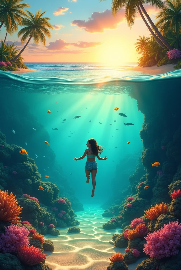 Minimalist Journey, diving, Solitary, 1 girl swimming gracefully with beautiful curves, Minimalism, Under the Sea, illustration.